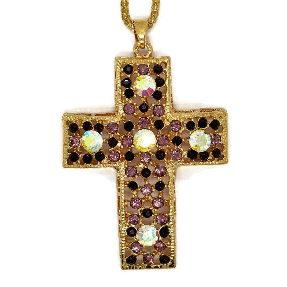 Purple & AB Rhinestone Cross Pendant NWT - Picture 4 of 4